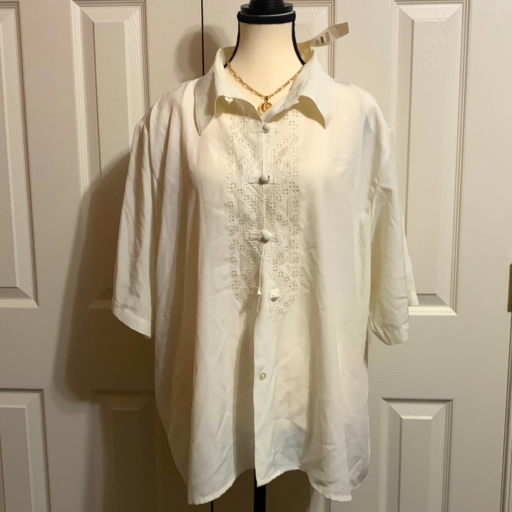Yves St. Clair 2 Men’s White Linen Shirt Button Up w Lacey/Floral Designs Sz 24W